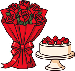 Romantic Red Rose Bouquet with Ribbon and Strawberry Cream Cake, Sweet Celebration Dessert and Floral Gift Concept