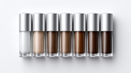 Seven bottles of nail polish in various shades arranged in a line