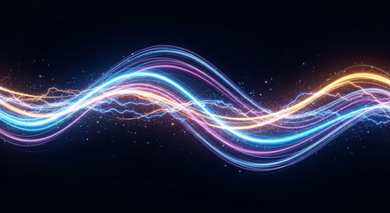Dynamic abstract energy waves flow across dark space creating a stunning neon light trail effect for technology concepts