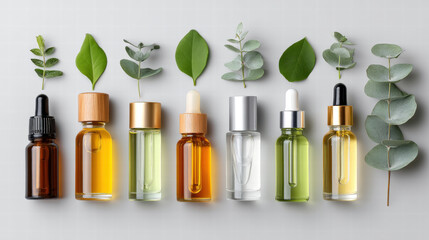 Hair loss solutions for men and women with natural essential oil bottles and green leaves arranged in row for healthy care
