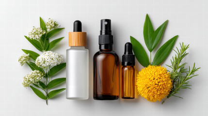 Hair loss solutions for men and women with natural essential oil bottles and fresh green leaves for care