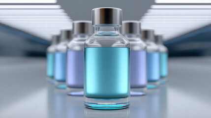 Hair products for men and women displayed in glass bottles with blue liquid in modern setting for beauty care