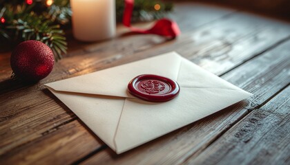 Vintage Christmas letter with a red wax seal on a rustic table
