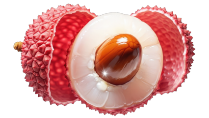 One fresh lychee fruit peeled open showing seed isolated on transparent background