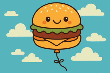 Cute kawaii burger balloon floating happily in a cloudy blue sky