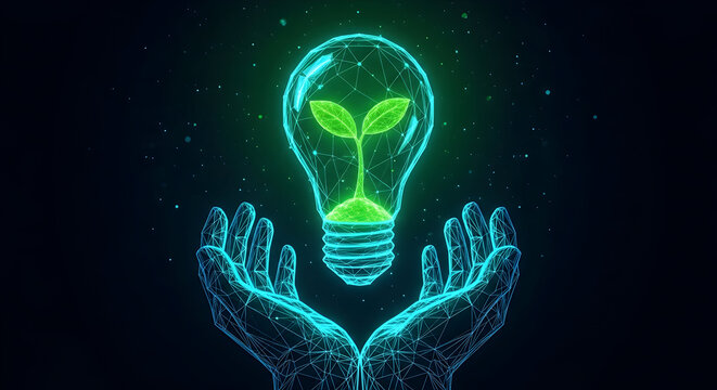 Futuristic hands gently cradle a vibrant green plant growing inside a glowing lightbulb showcasing innovation and sustainability - Powered by Adobe