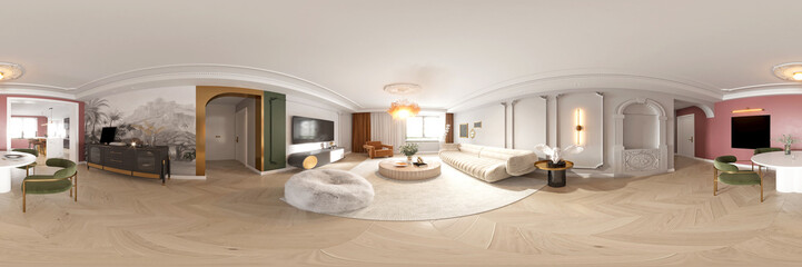 3d render modern living room interior, 360 degree view