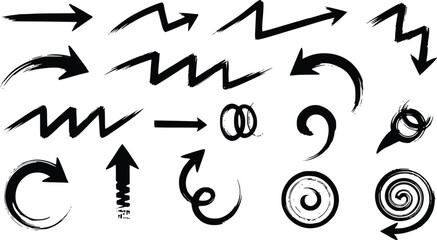 Set of Black Hand-Drawn Brushstroke Arrows Showing Direction and Movement Isolated on Transparent Background