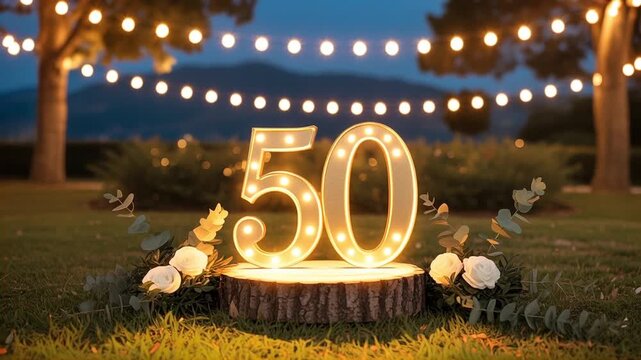 Magical 50th birthday setup with glowing lights and golden decor - Powered by Adobe
