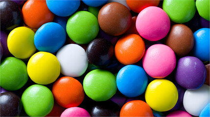Full frame close up view of colorful candy coated chocolate pieces creating a vibrant pattern