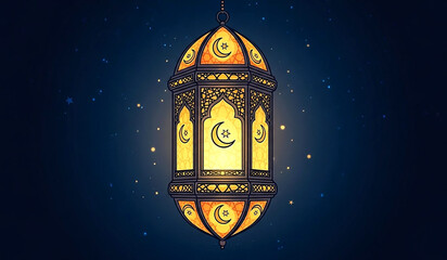 Ornate islamic lantern illuminated against a starry night sky