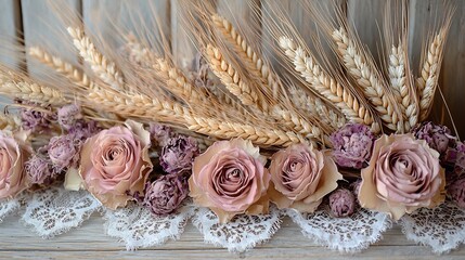 Elegant arrangement of dried wheat, pink roses, and lace on a rustic wood surface with soft, diffused lighting, creating a vintage and romantic aesthetic