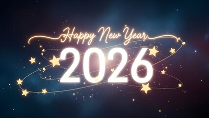 Elegant glowing text happy new year 2026 with sparkling stars and light trails against a dark blue cosmic background, perfect for a festive celebration announcement or greeting card