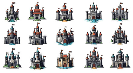 Collection of stunning medieval fantasy castle icons perfect for game design and storybook projects