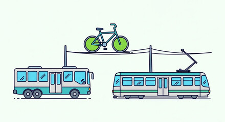 Vibrant collection showcasing modern urban transport options like bicycle, bus, and electric tram for sustainable city planning concepts