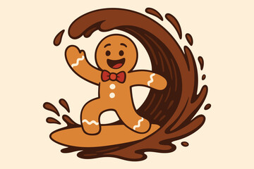 Obraz premium Gingerbread man surfing on a chocolate wave with a big smile