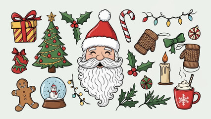Hand drawn Christmas elements collection featuring Santa Claus and festive decorations.