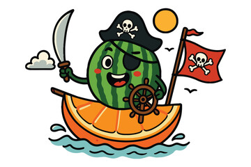 Cute watermelon pirate sailing on an orange slice boat