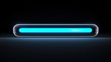 A sleek, futuristic glowing blue-turquoise horizontal bar on a dark, reflective surface, perfect for representing digital progress or modern technology.