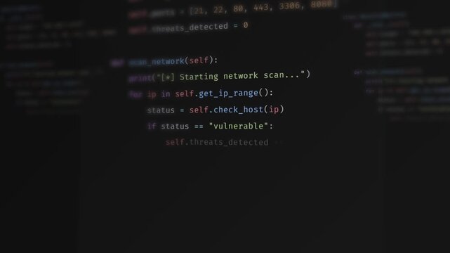 Interactive code typing hacking animation with cybersecurity scanner and syntax highlighting display
