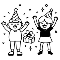 Two children celebrating with party hats and a gift.