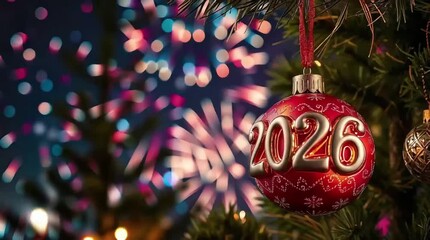 New Year 2026 celebration ornaments hanging on Christmas tree with Fireworks background