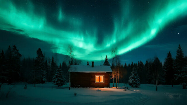 A small wooden cabin with a warm glowing window sits quietly beneath a spectacular green aurora borealis display in a snowy winter forest - Powered by Adobe