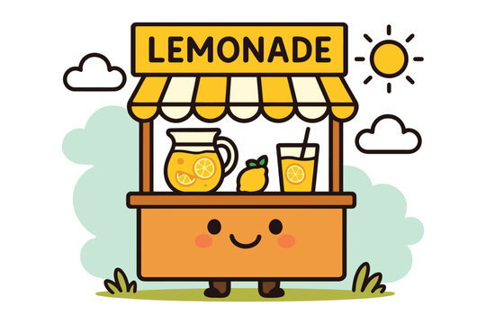 Cute kawaii lemonade stand with pitcher and glass on sunny day