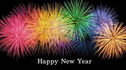 Colorful rainbow fireworks display with the Happy New Year text creating a vibrant sky, perfect for celebrating on a black background.