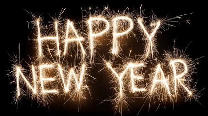 The words Happy New Year written in glowing white sparklers on a festive and celebratory black background.