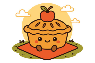 Cute kawaii apple pie character sitting on picnic blanket outdoors