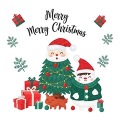Merry Christmas Greeting with Santa Snowman and Gifts