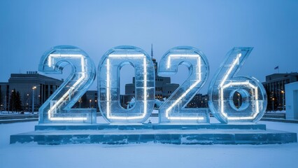 A brightly illuminated ice sculpture displaying the year "2026" stands prominently in a snow-covered urban landscape under a serene blue twilight sky, symbolizing future and celebration.