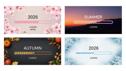 A collection of four digital loading bars graphically depicts the progression of the year 2026 through its distinct spring, summer, autumn, and winter seasons.