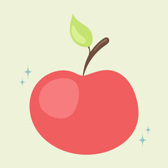 bright red apple with a small green leaf drawn in a cute minimalist style. Soft colors and rounded shapes, design for healthy themes, kids’ designs, icons, and education visuals. Vector flat