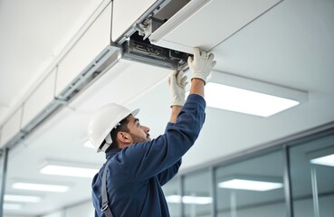 Man repairs suspended ceiling wearing safety helmet. Electrician fixes wiring in office. Worker installs lighting in business premises. Pro contractor maintenance, electrical service, installation,