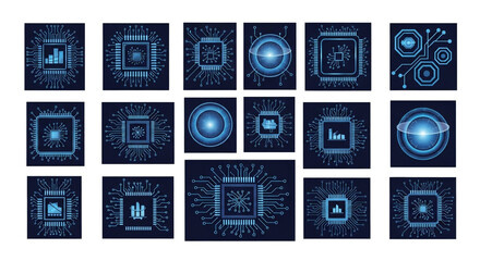 Stunning collection of glowing blue circuit board icons showcasing microprocessors data analysis and digital innovation