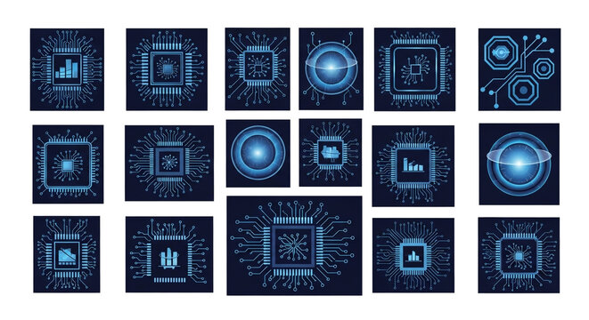 Stunning collection of glowing blue circuit board icons showcasing microprocessors data analysis and digital innovation