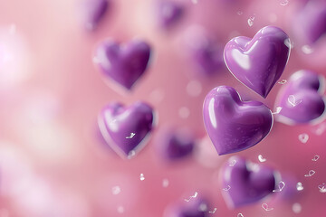 Obraz premium Purple Heart Shapes Floating Against a Soft Pink Background with Bokeh hearts love
