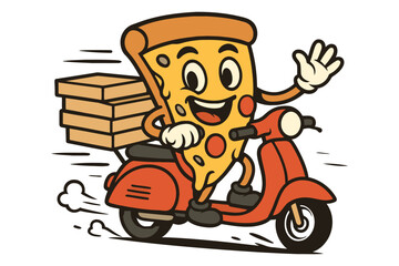 Naklejka premium Happy pizza slice character riding a scooter delivering pizza boxes