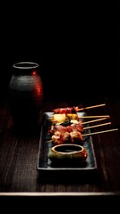 Yakitori Skewers with Sauce on Black Tray