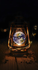A Luminous Vision Planet Earth Gently Glowing Within an Antique Oil Lamp, Symbolizing Global Awareness, Environmental Protection, and the Delicate Balance of Our World's Ecosystems