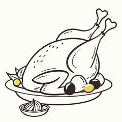Roasted Chicken Dinner Illustration with Olives and Sauce.
