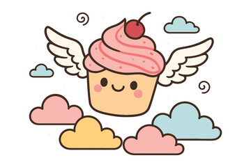 Cute kawaii cupcake with wings flying among colorful clouds