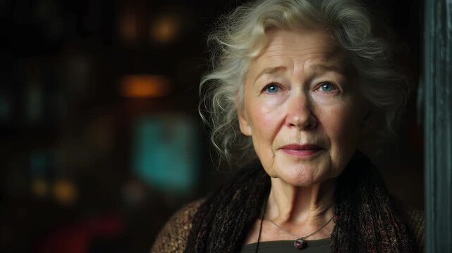 Heartfelt concerns expressed by an elderly woman with soft features, standing indoors and contemplating life while holding her hand to her chest