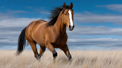 Obraz premium Horse as freedom symbol in wild nature running fast with flowing mane under blue sky and clouds