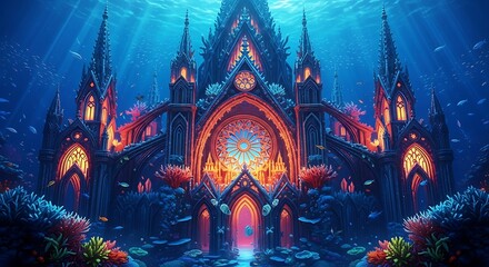 Obraz premium Enchanting Underwater Castle Illuminated by Ethereal Light.