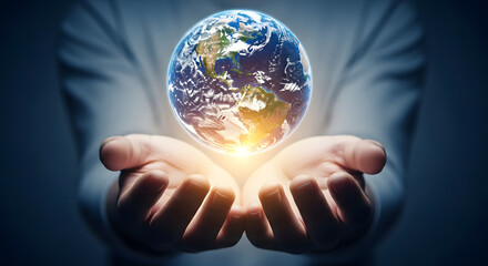 A conceptual image of human hands gently holding the vibrant Earth, illustrating global responsibility, environmental care, and the shared commitment to a sustainable future