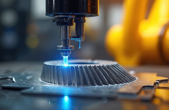 3D metal printer uses laser to build complex steel part. Additive manufacturing machine creates intricate object for industry. Precision engineering builds prototype at factory.
