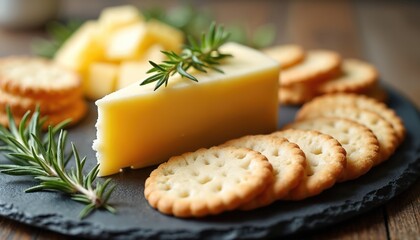 Gourmet cheese board displays large cheddar wedge, many savory crackers arranged neatly. Fresh green rosemary sprigs beautifully garnish delicious appetizer plate. Cubed cheese pieces also presented